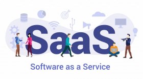 saas software as a service concept with big word or text and team people with modern flat style - vector illustration